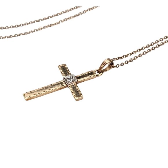 10K Yellow Gold, Diamond Chip Cross Pendant Vintage Chain Necklace 18.5" L, L542 - Picture 3 of 12